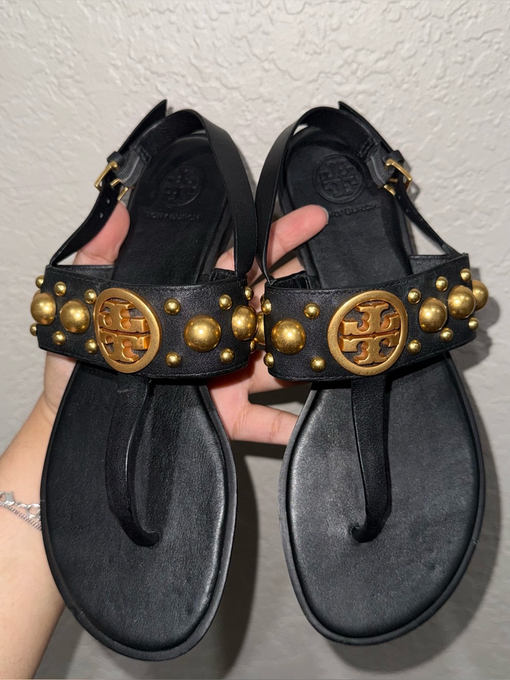 Tory Burch Black Leather Thong Sandals with Gold Studs and Logo size 6